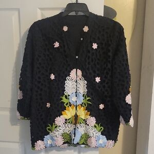 Black Jacket Sz1X with Crochet Lace look overlay lined Floral Embroidery Jacket
